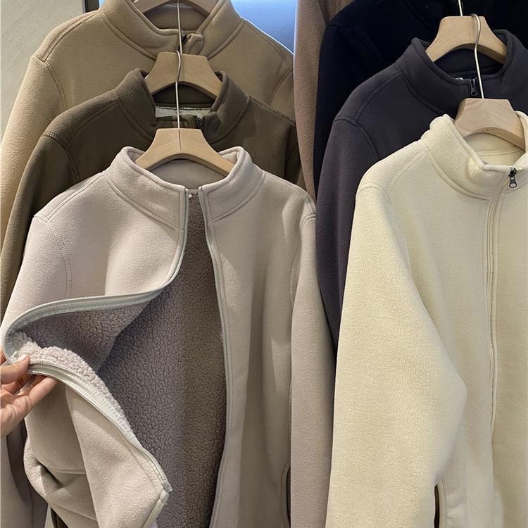 Island Style! Autumn and Winter Couple's Warm Double-Layer Composite Fleece Sherpa Stand Collar Jacket Liner Coat