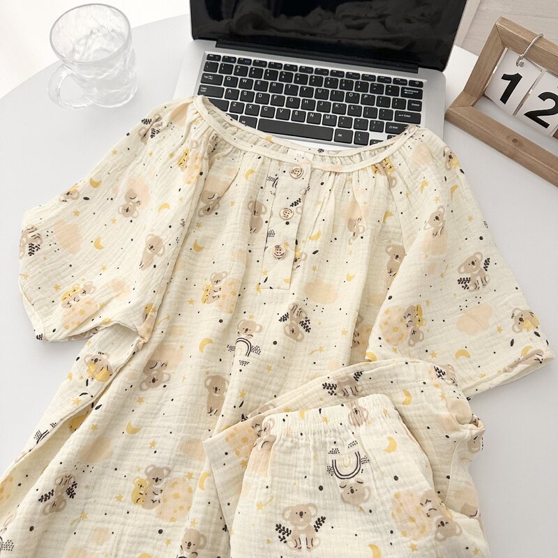Double-layer Pure Cotton Gauze Pajamas Women's Summer Thin South Korea Ins Cute Short-sleeved Shorts Pullover Crewneck Home Clothes