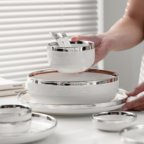 Silver Light Luxury Ceramic Gold Edge Silver Edge Tableware Set Dinner Plates and Bowls, Soup Bowls, Western Dinner Plates and Bowl Set Combination