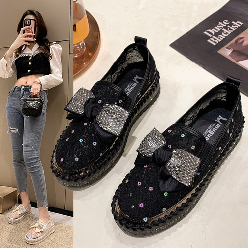 Women's single shoes  spring new one-legged thick-soled lazy casual Korean style rhinestone bow shoes trendy generation
