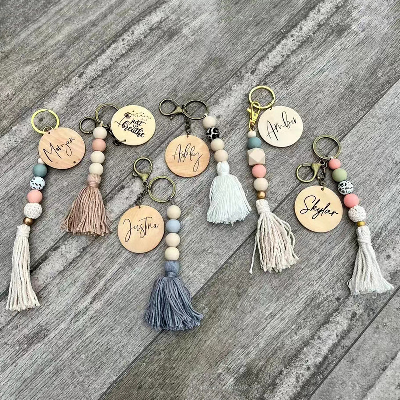 Nordic Style Round Wood Piece Wood Beads String Tassel Keychain Pendant Silicone Beads Handmade Bag Decorative Pendant