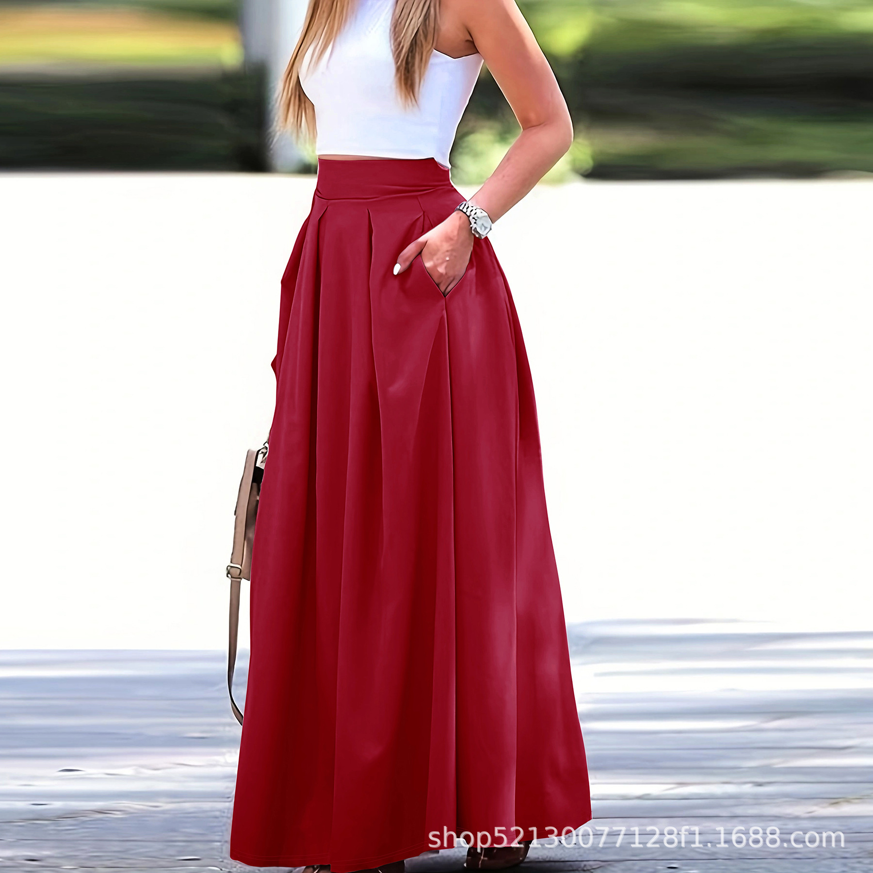 Amazon transfronterizo europeo y americano nuevas mujeres más tamaño color sólido cintura alta casual suelta una línea Maxi falda
