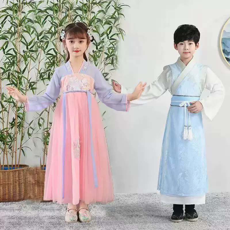 Детский традиционный китайский костюм Hanfu, костюм ученого в древнем стиле для учащихся начальной и средней школы, классический танцевальный костюм, румянец для макияжа для мальчиков и девочек