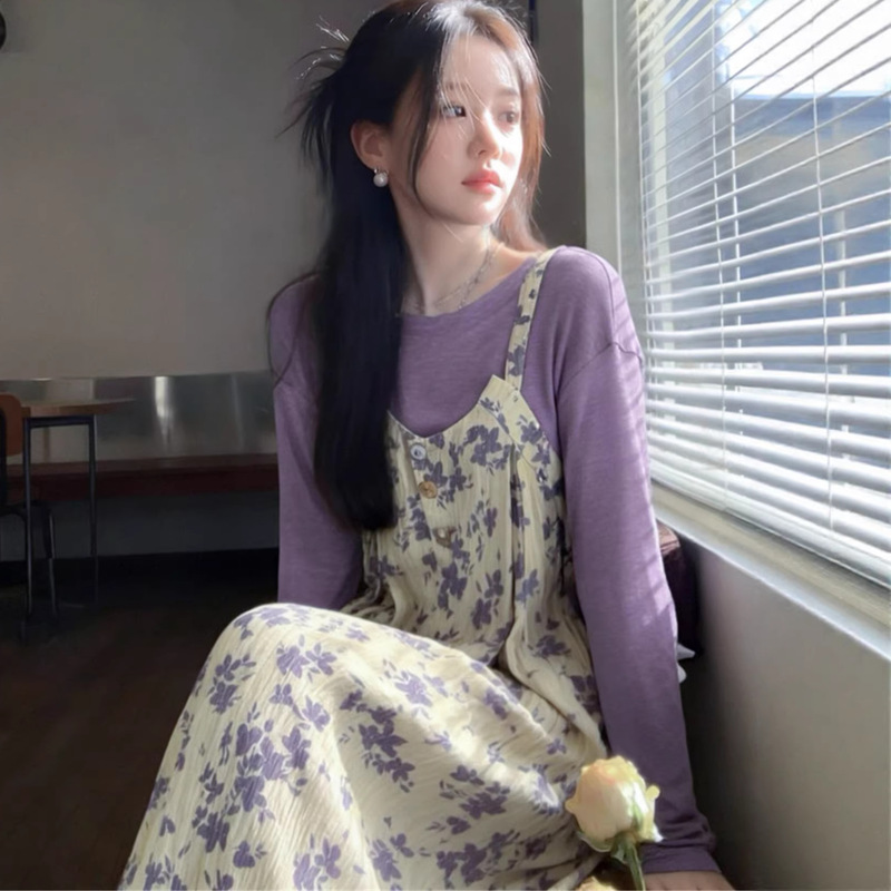 Floral Dress for Women Spring and Summer 2026 New Holiday Style Loose Long-Sleeved T-Shirt Suspender Long Skirt Two-Piece Set Floral Dress for Women Spring and Summer 2026 New Holiday Style Loose Long-Sleeved T-Shirt Suspender Long Skirt Two-Piece Set