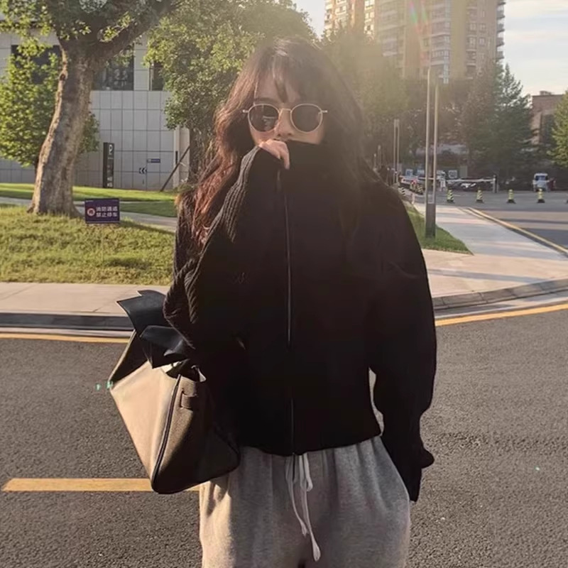 跨境毛衣女复古港味新款韩版翻领拉链针织开衫慵懒风宽松春季外套