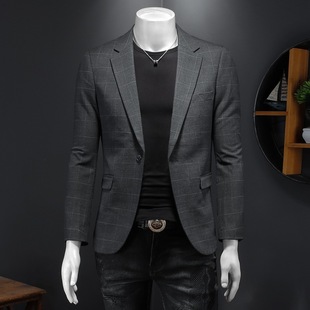 European Style Men's Suit 2024 New Spring and Autumn Men's Casual Suit Korean Style Trendy Slim Fit Youth Plaid Jacket