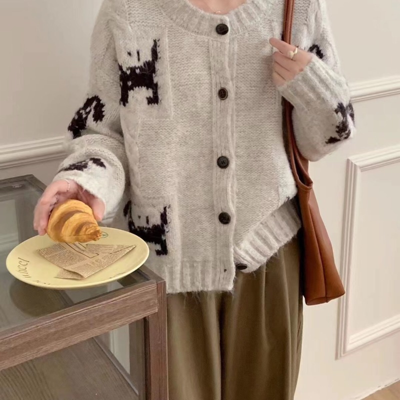 회색 강아지 스웨터 코트 여성의 가을과 겨울 두꺼운 짧은 느슨한 작은 게으른 하이 엔드 니트 카디건 이른 가을