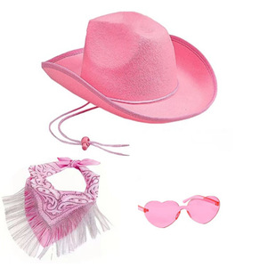 In-Stock Pink Trimmed Denim Hat Glasses Rhinestone Square Scarf Set Carnival Pink Fringed Crown Denim Hat