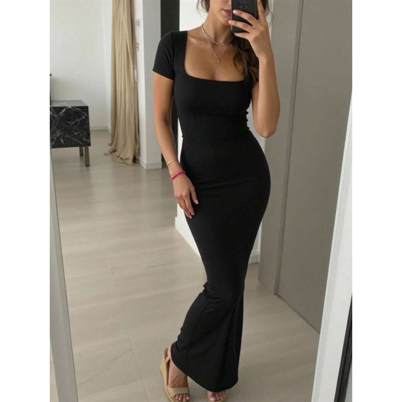Amazon European and American Cross-Border 2026 Summer New Style Elegant Square-Neck Short-Sleeve Slim-Fit Casual Long Dress Amazon European and American Cross-Border 2026 Summer New Style Elegant Square-Neck Short-Sleeve Slim-Fit Casual Long Dress