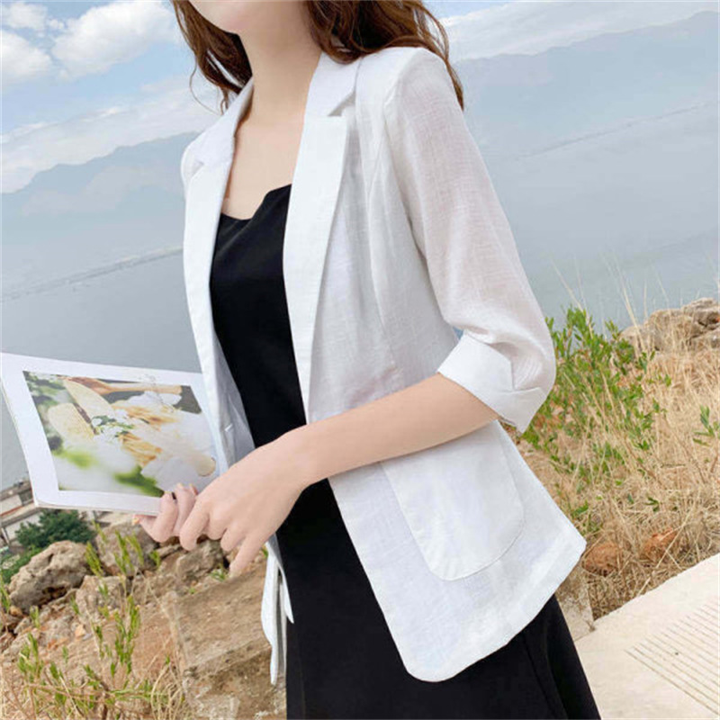 Thin Cotton and Linen Suit Linen Suit Women's Summer British-style Sunscreen Suit Slim-fit Seven-point Sleeve Short Jacket
