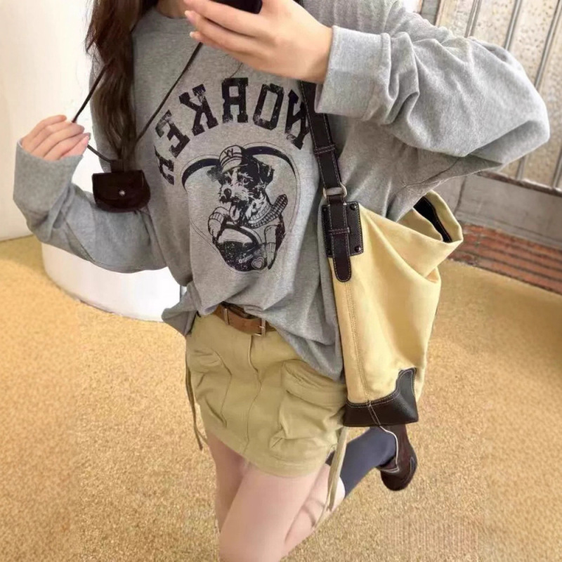 现货 狗狗字母印花长袖T恤女2025秋季韩系宽松休闲外穿上衣open*y|undefined