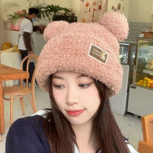 Earless Bear Warm Hat for Girls, Autumn and Winter Thicken Fleece Knitted Hat, Korean Version Cute Fashion Ear Protection Hat for Girls in Winter