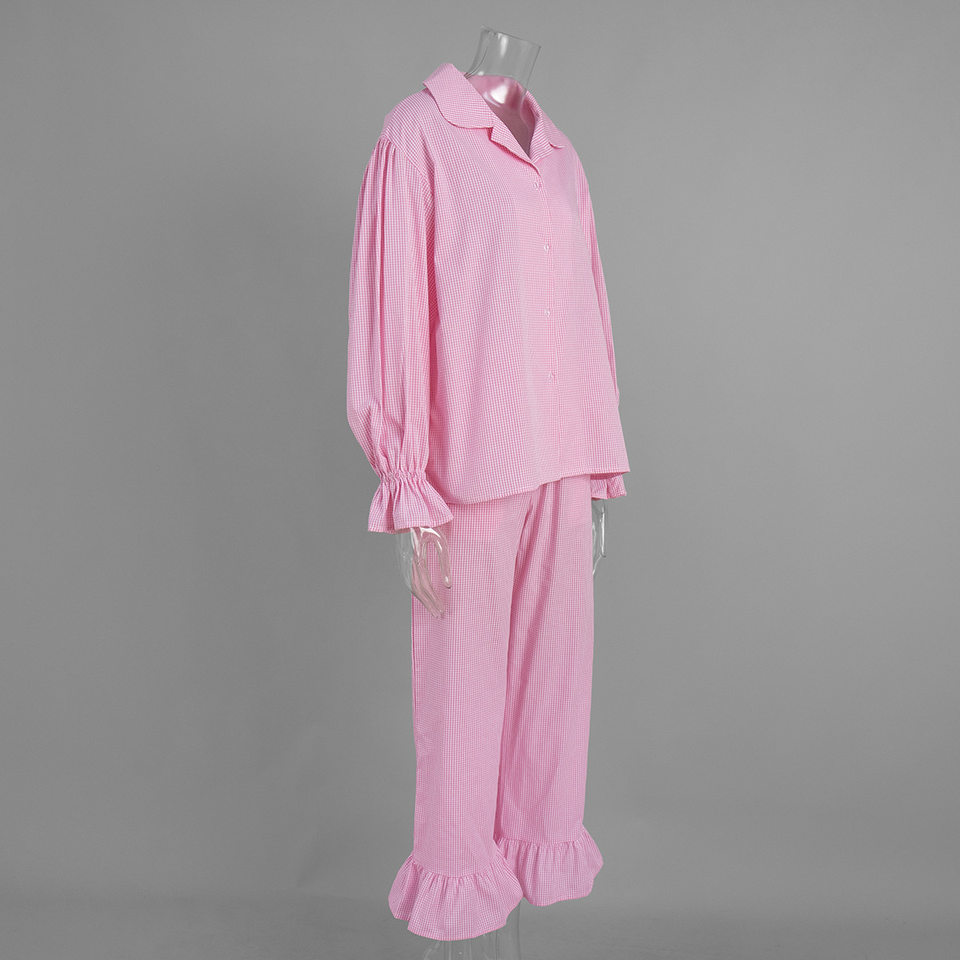 Bộ đôi áo sơ mi tay dài bèo nhún và quần dài kẻ caro cotton — hồng chi tiết 4