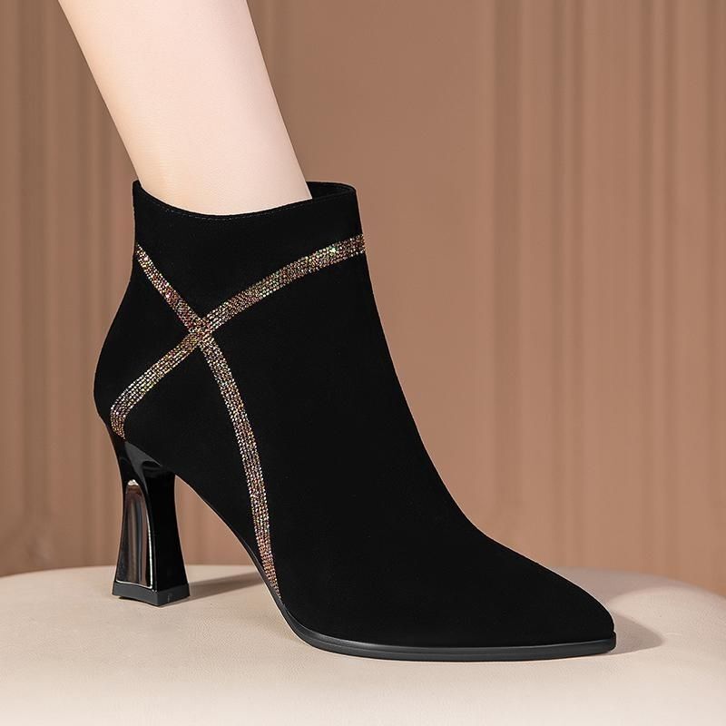 Cross-Border Foreign Trade High-Heeled Shoes Striped Short Boots for Women 2025 New Women's Boots Internet Celebrity Boots Pointed Toe Fashion Boots High Heels