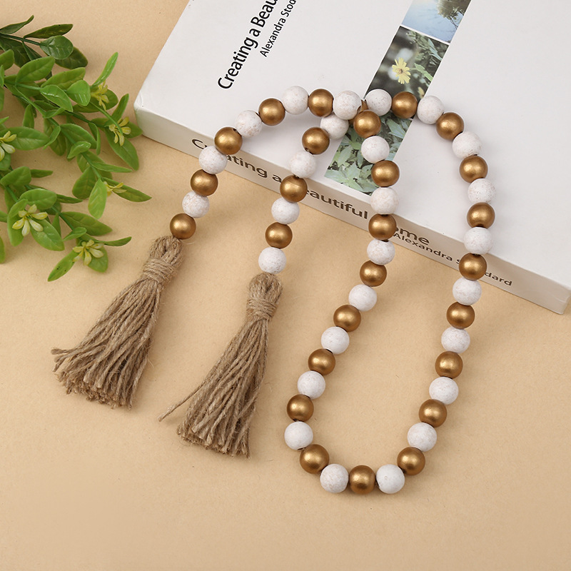 New Hemp Rope Tassel Beaded Wooden Bead Garland Home Decoration Hanging Ornaments Indoor Tray Hand-Carved Wood Carving