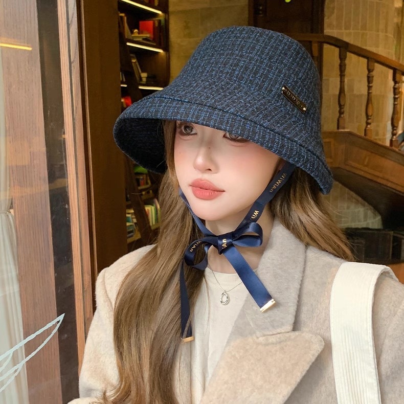 秋冬季简约小香风格纹渔夫帽子女2025新款时尚百搭卷边显脸小盆帽|undefined