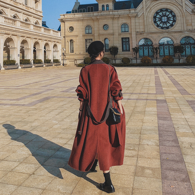 Brick Red Long Woolen Coat for Women's 2023 Winter Hot Selling New Thickened Korean High-end Feeling Hepburn Style Woolen Coat_voghion.com