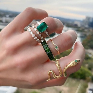 Snake-Shaped Opening Adjustable Ring Cross-Border Best-Selling Bohemian Style 6-Piece Combination Green Imitation Gemstone Ring Set for Women