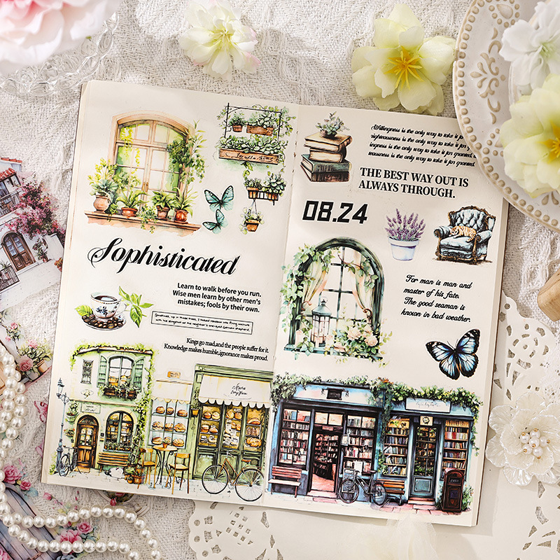 Casa de azulejos vidriados, pegatinas de pet transparentes a prueba de agua, pegatinas de diario de cuenta manual de bricolaje, pegatinas de paisajismo pastoral europeo transfronterizo