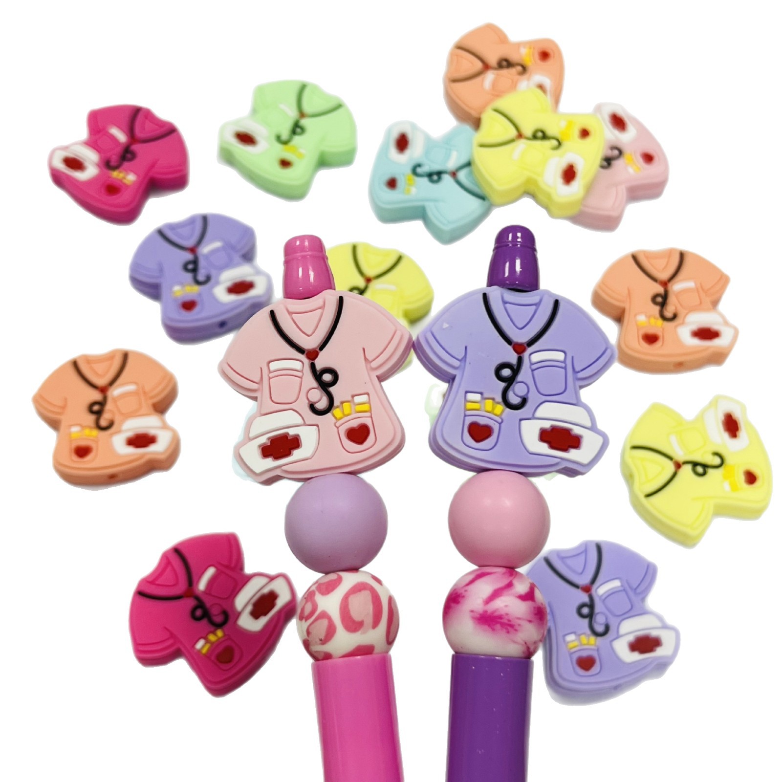 新款护士制服硅胶珠子可爱卡通听诊器散珠DIY儿童牙胶防 掉链串珠