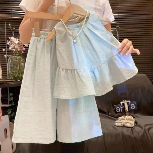 Stylish sleeveless girls' summer set: toddler and small child ruffled blouse with wide-leg pants, trendy two-piece outfit