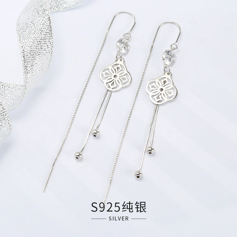 Long earrings with tassels, silver 925 sample, four-leaf clover, simple and elegant design