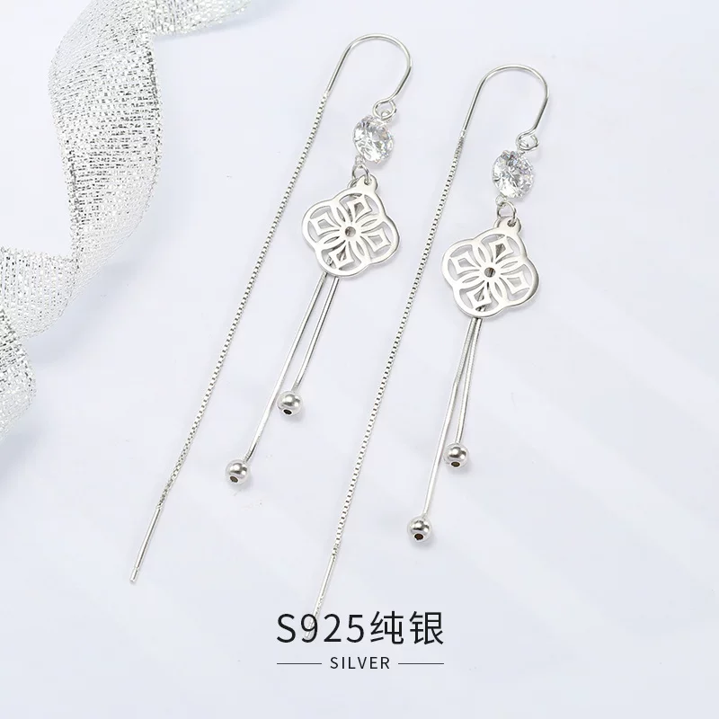Long earrings with tassels, silver 925 sample, four-leaf clover, simple and elegant design