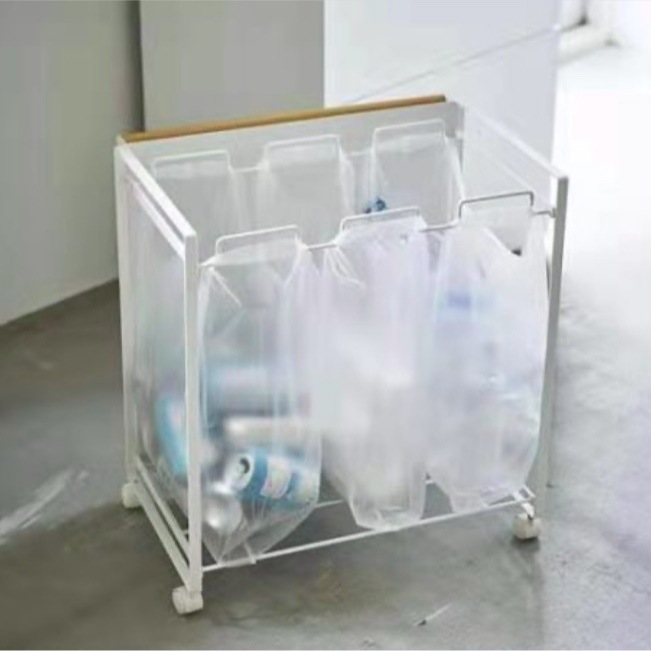 Japanese Hotel Simple Oversized Three-Compartment Garbage Bag Rack Kitchen Iron Trash Can with Wheels Removable