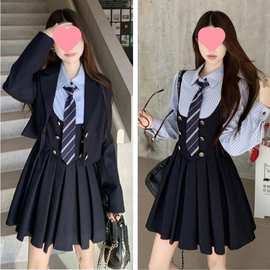 大码日系学院风jk制服套装女春秋胖mm短西装外套假两件时尚连衣裙