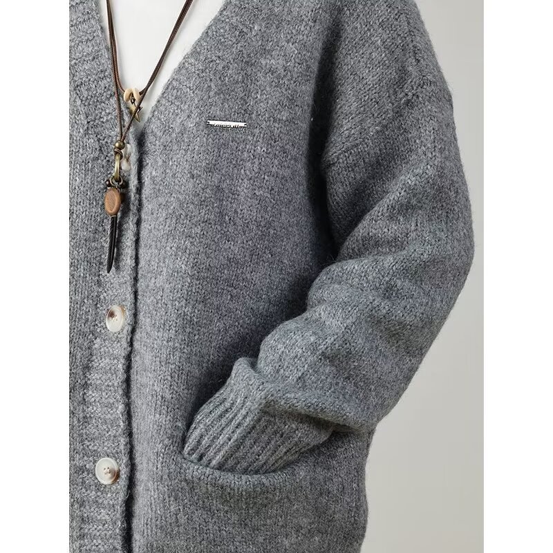 봄, 가을 유행 대학 스타일 루즈 캐주얼 게으른 스웨터 재킷 남성용 일본 솔리드 컬러 V 넥 카디건 스웨터