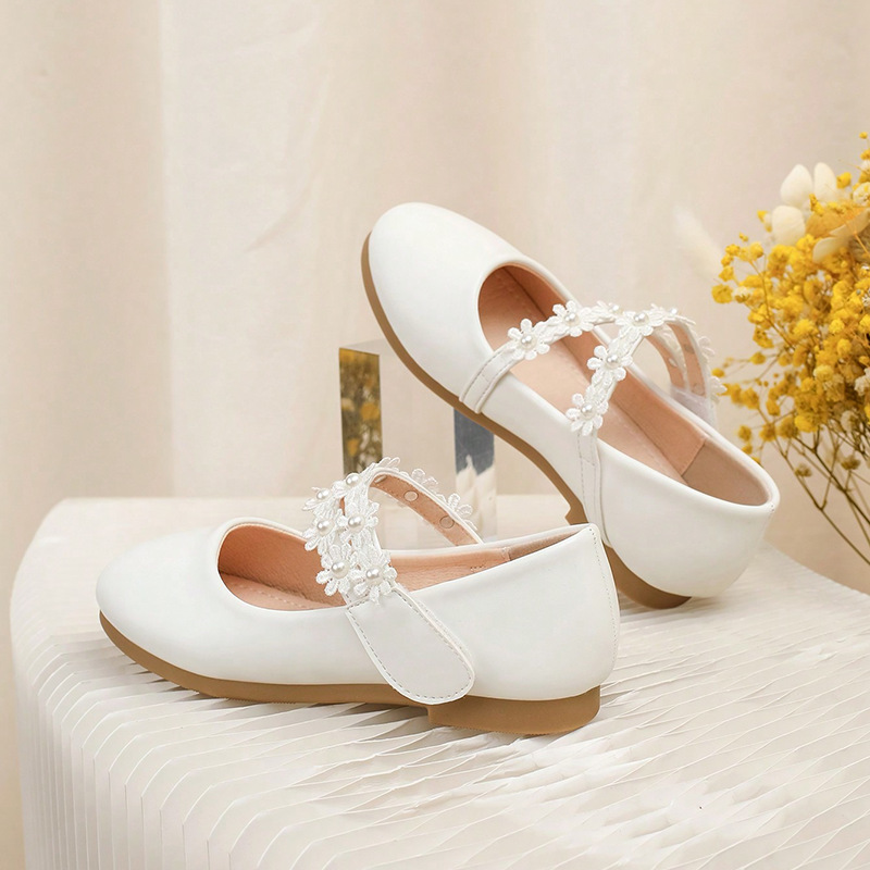 Girls' White Leather Shoes, Kidsren's Soft-Soled Versatile Gift Shoes, Flats-Soled Flower Velcro French Princess Shoes, Mary Jane Shoes