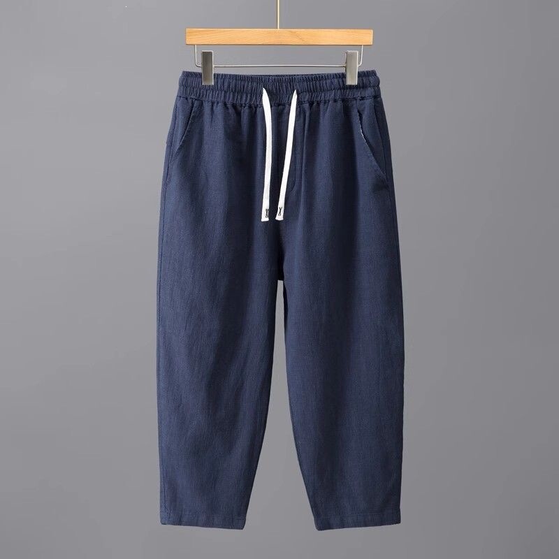 Vintage Versatile Solid Color Linen Cropped Pants Summer New Cotton-Linen Fabric Breathable Comfortable Elastic Drawstring Casual Pants