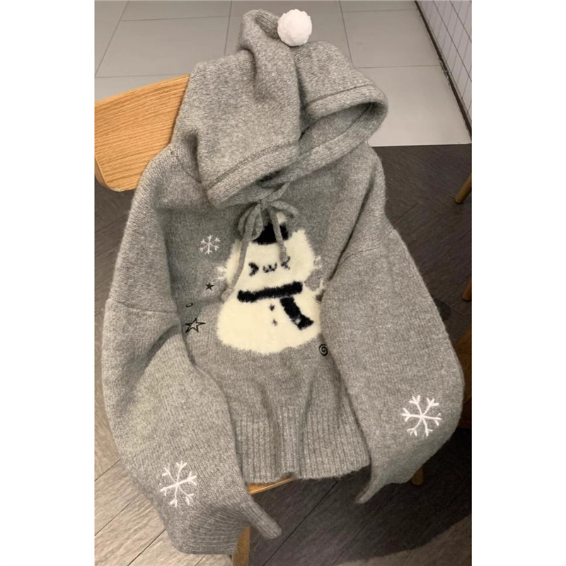 2025可爱宽松毛绒雪人连帽毛衣女冬季软糯宽松慵懒风针织衫上衣