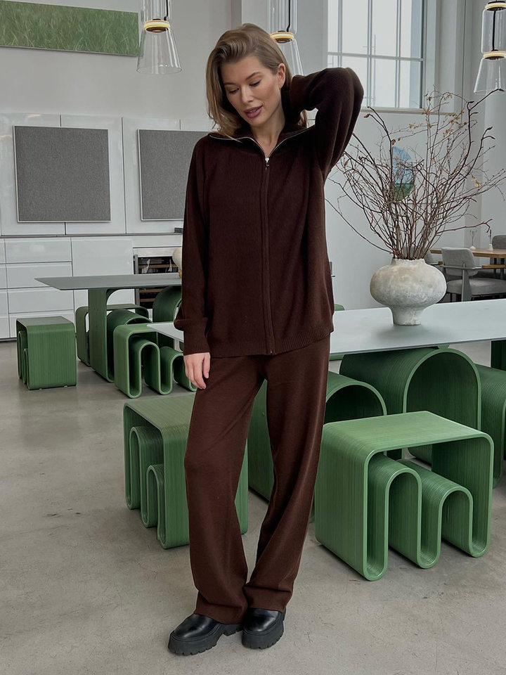 Bộ áo cardigan dệt kim khóa kéo phối quần dài ống rộng nữ — màu bột yến mạch, màu nâu, màu xám, trắng
