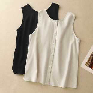 Real Shot of Cotton and Linen A-Line Sleeveless Vest, Reversible Round Neck Shirt, Niche and Chic Black Top for Women