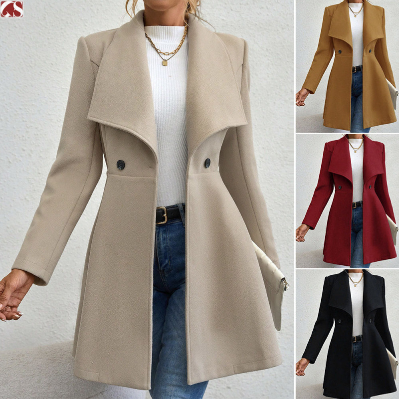 Amazon Woolen Coat, Slim Fit, Mid-Length, with a Turn-Down Collar, Women's Woolen Outerwear with an Elegant and Stylish Look Amazon Woolen Coat, Slim Fit, Mid-Length, with a Turn-Down Collar, Women's Woolen Outerwear with an Elegant and Stylish Look