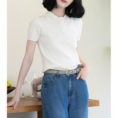 【LR注文】2025夏の新型POLO襟の短いニットの女性デザイン感のある杏色の上着