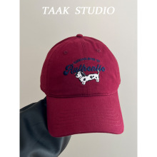 美式复古斑点狗刺绣棒球帽子女春夏季韩版百搭街头梅子色鸭舌帽潮