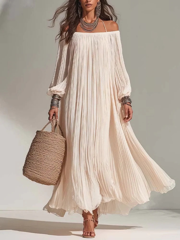 Off-White One-Shoulder Pleated Puff Long-Sleeve Vacation Dress, Loose-Fitting, Figure-Flattering, Flowy Beach Fairy Dress
