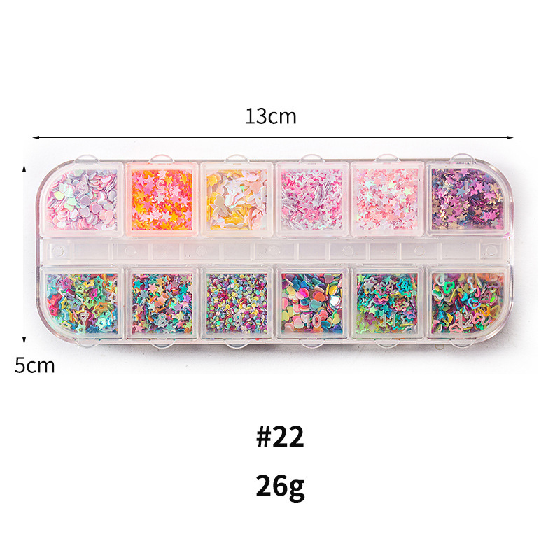 Taifei uñas caja de tira larga lentejuelas 12 rejilla caja de tira larga parche de uñas DIY uñas lentejuelas uñas traje de joyería