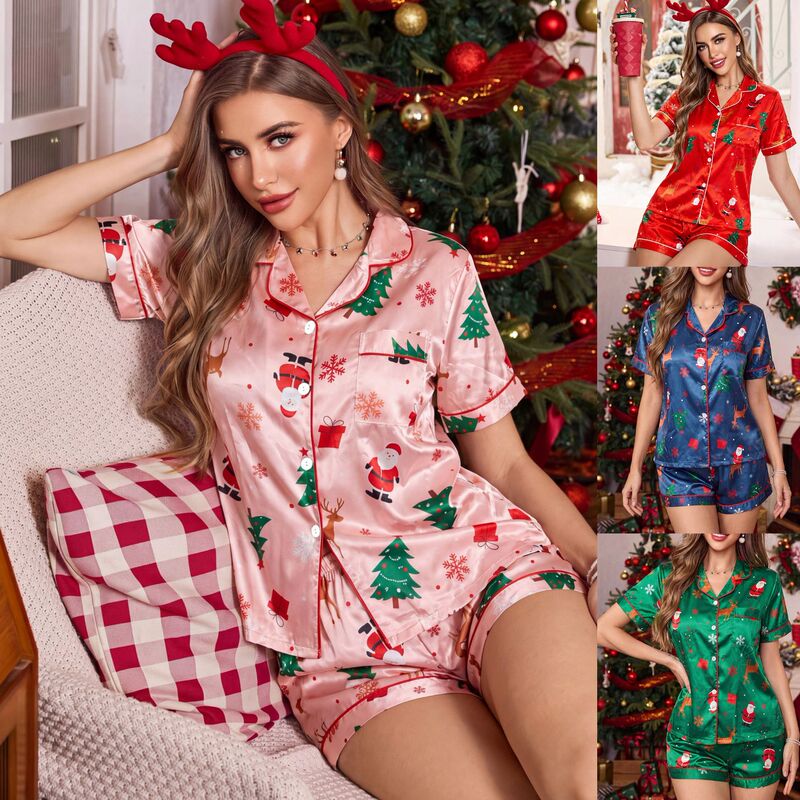 Christmas European and American cross-border women's pajamas, satin cool-touch fashion casual short-sleeve shorts New Year home wear set Christmas European and American cross-border women's pajamas, satin cool-touch fashion casual short-sleeve shorts New Year home wear set