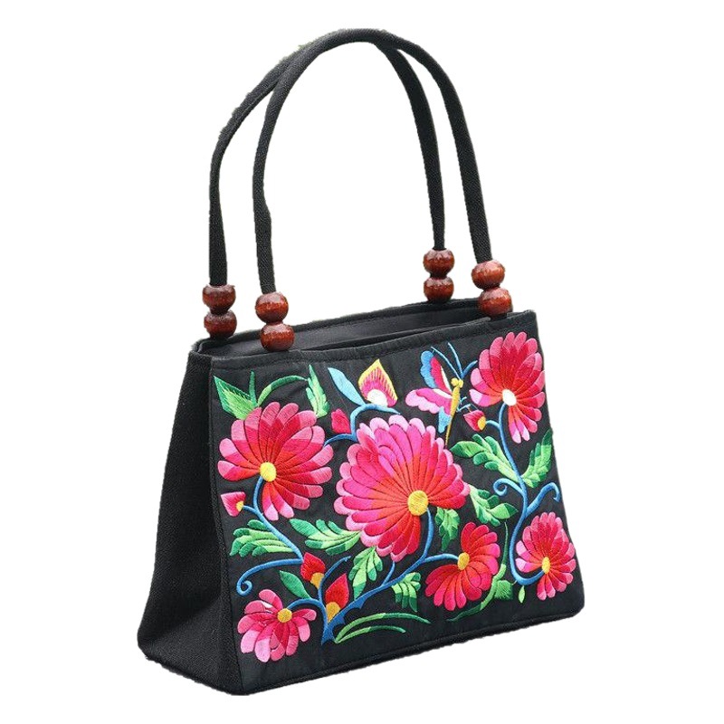 2020 nuevo estilo étnico bolsa de doble cara bordada de doble capa de lona bordada de mediana edad y anciana bolsa de mujer fabricante de fuente