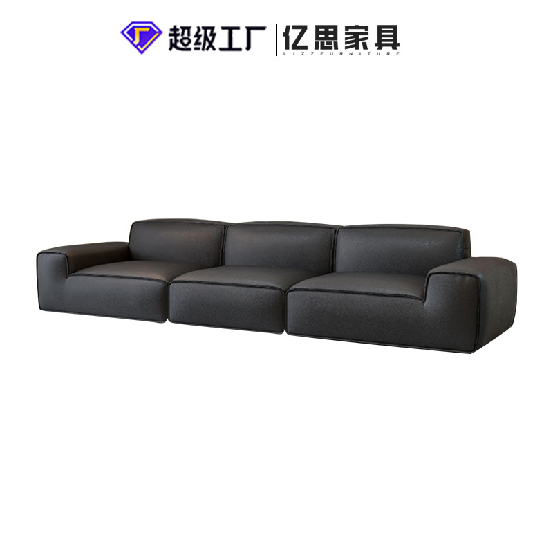 Minimalist designer big black cow sofa living room simple black straight leather sofa Foshan sofa furniture