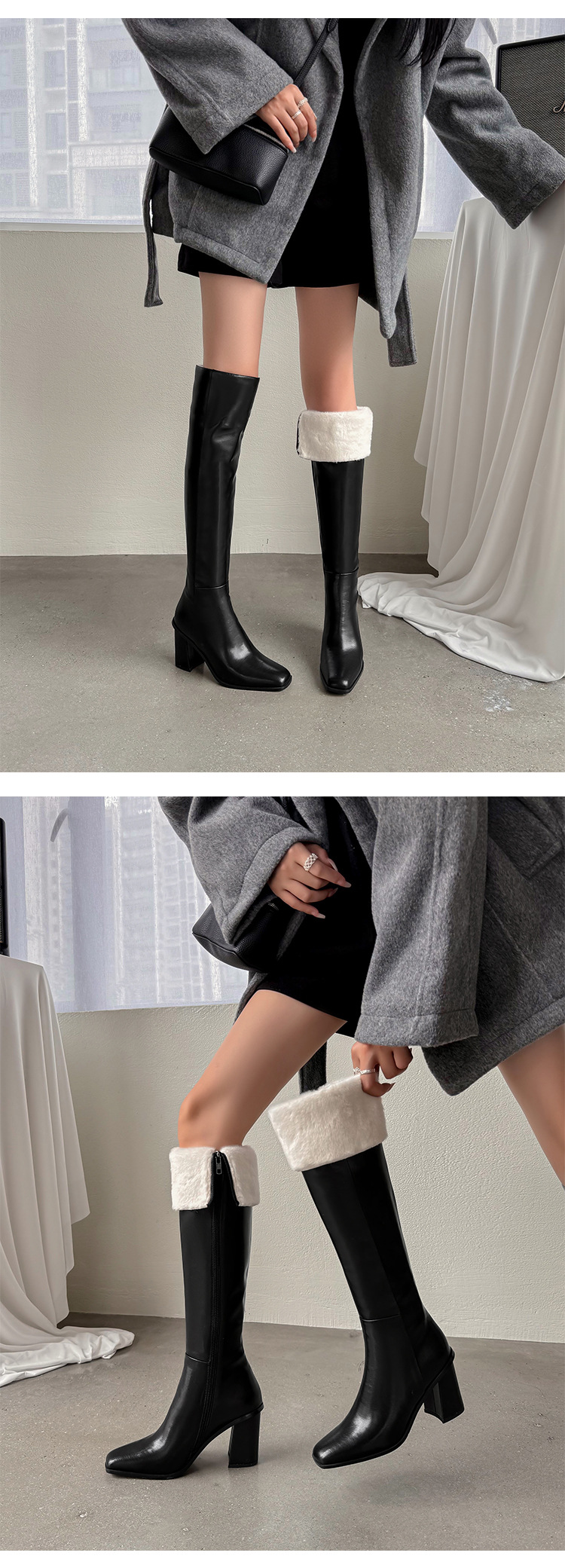 Boot nữ cổ cao mũi vuông gót dày da thật, phong cách hiệp sĩ, có thể gập ống — Lớp lót nhung đen chi tiết 6
