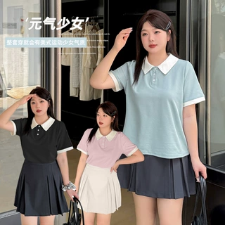伊诺大码女装休闲polo上衣套装夏新款元气百褶裙两件套212189