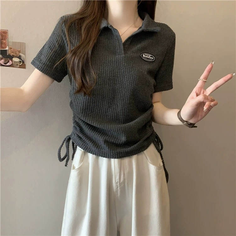 Large size American front shoulder polo neck short sleeved t-shirt for women 2024 new summer chubby mm top design_voghion.com