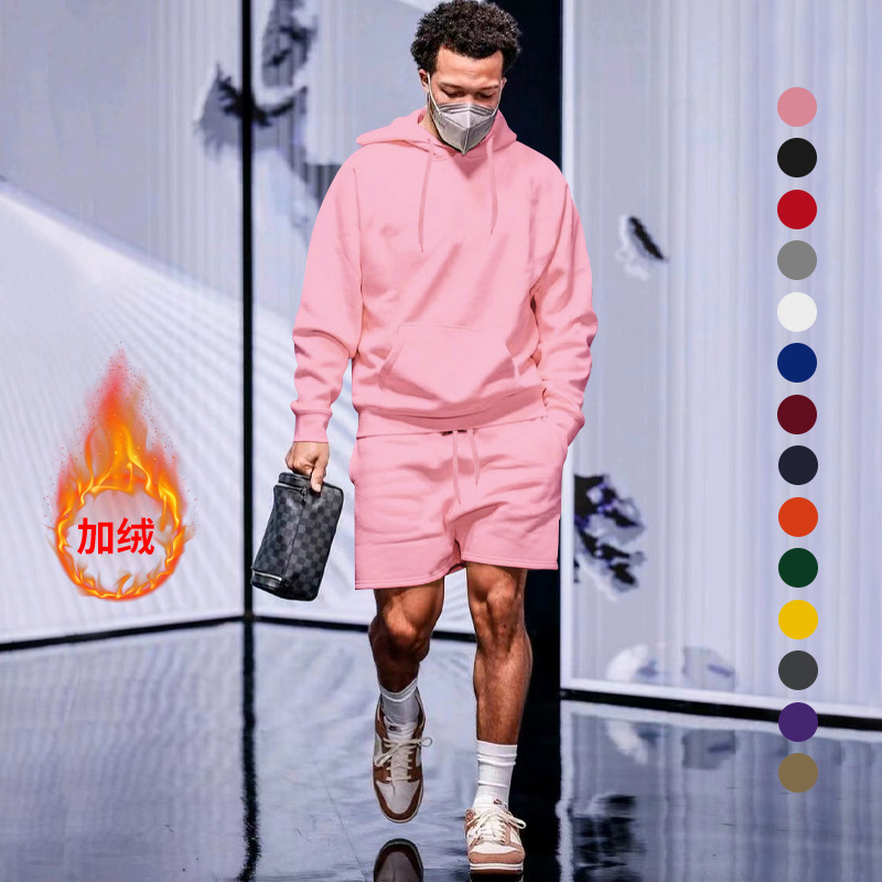 Comercio exterior transfronterizo 2023 Amazon Hombres otoño nuevos hombres forrados de lana suéter con capucha pantalones cortos traje casual