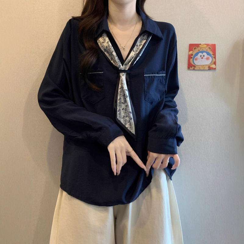 丝巾系带V领长袖衬衫女春秋新款大码胖mm显瘦气质高级感打底上衣|undefined
