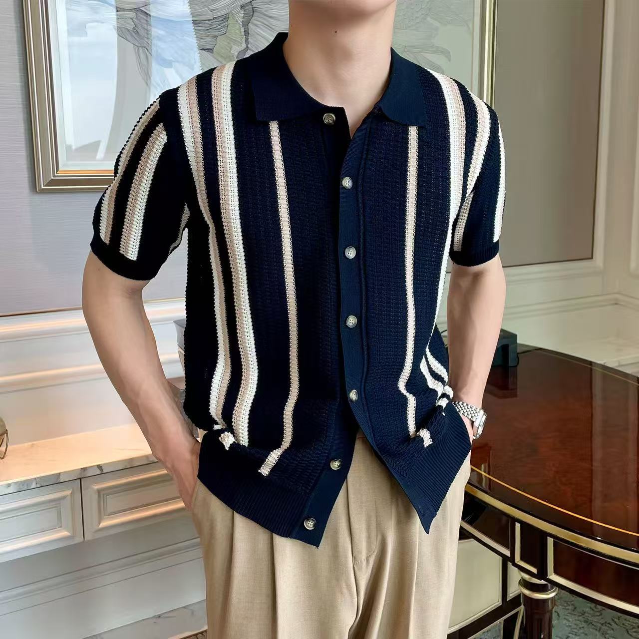 Polo camiseta de punto camiseta de manga corta hombre solapa rayas huecas viejas camisas de viento de verano hielo seda fábrica transfronteriza al por mayor