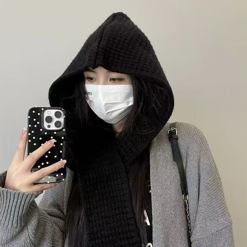 韩版披肩帽子围巾一体两件套纯色保暖秋冬季两用针织拉法是时尚帽|undefined
